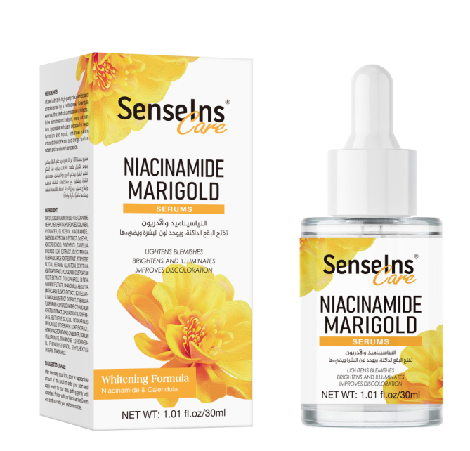 Niacinamide Marigold Serum for skincare, brightens complexion, enhances beauty with luxury, revitalizing serum essentials.