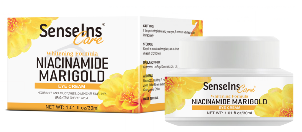 NIACINAMIDE MARIGOLD EYE CREAM for anti-aging skincare and dark circle removal, packed with hydrating ingredients.