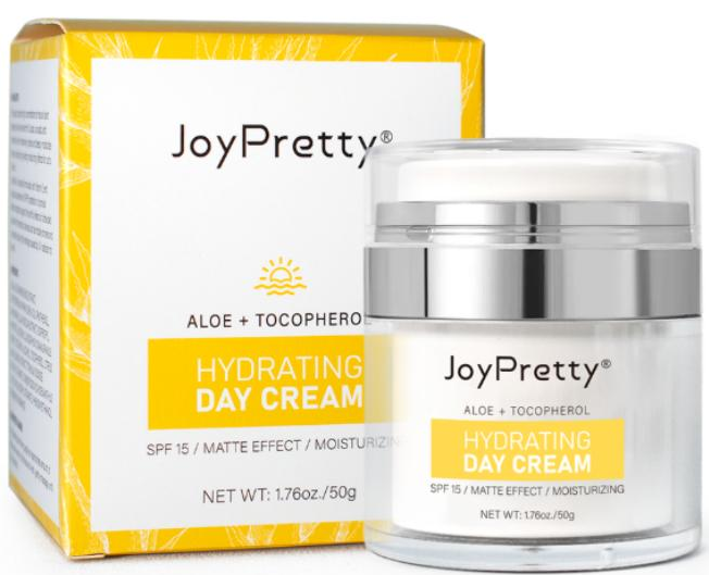 JoyPretty Hydrating Day Cream with SPF15, vitamin E, and aloe for anti-aging skincare and hydration.