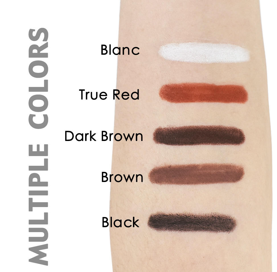 Swatches of Lambda Beauty Waterproof Eyeliner in multiple colors: Blanc, True Red, Dark Brown, Brown, Black.