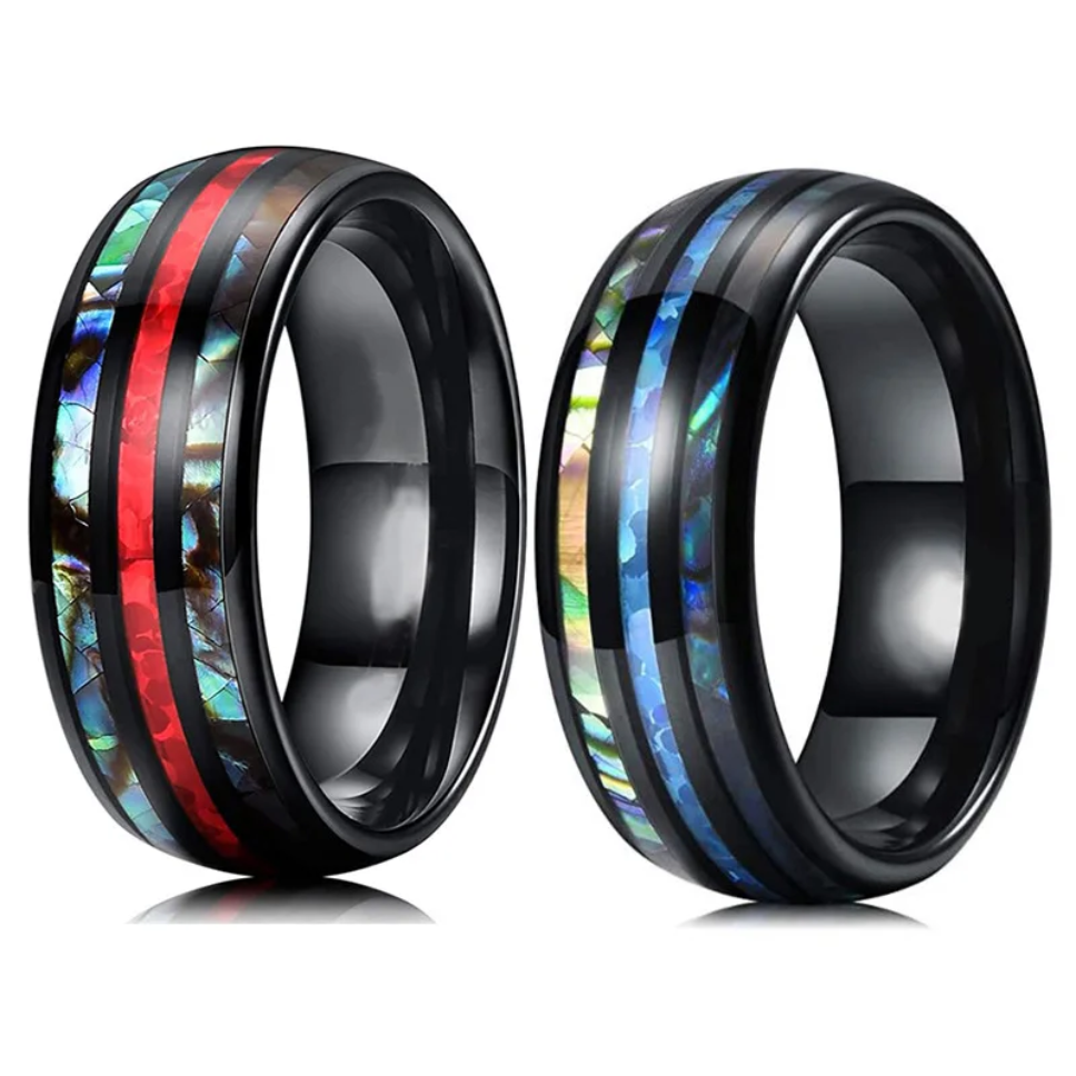 Men’s black tungsten carbide ring with abalone shell inlay and red stripe