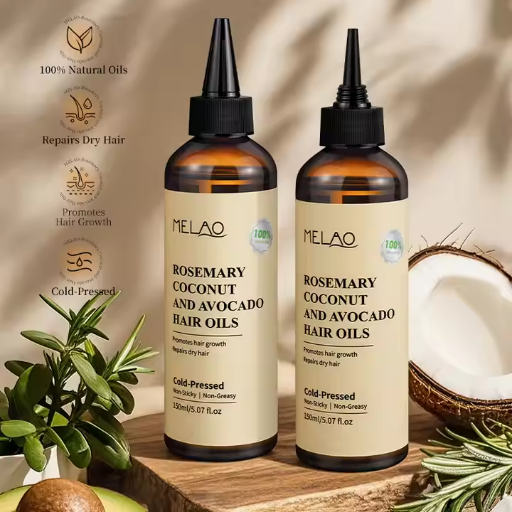 Rosemary Coconut Avocado Hair Oil for hair growth and repair, cold-pressed natural oils essential for luscious hair care.